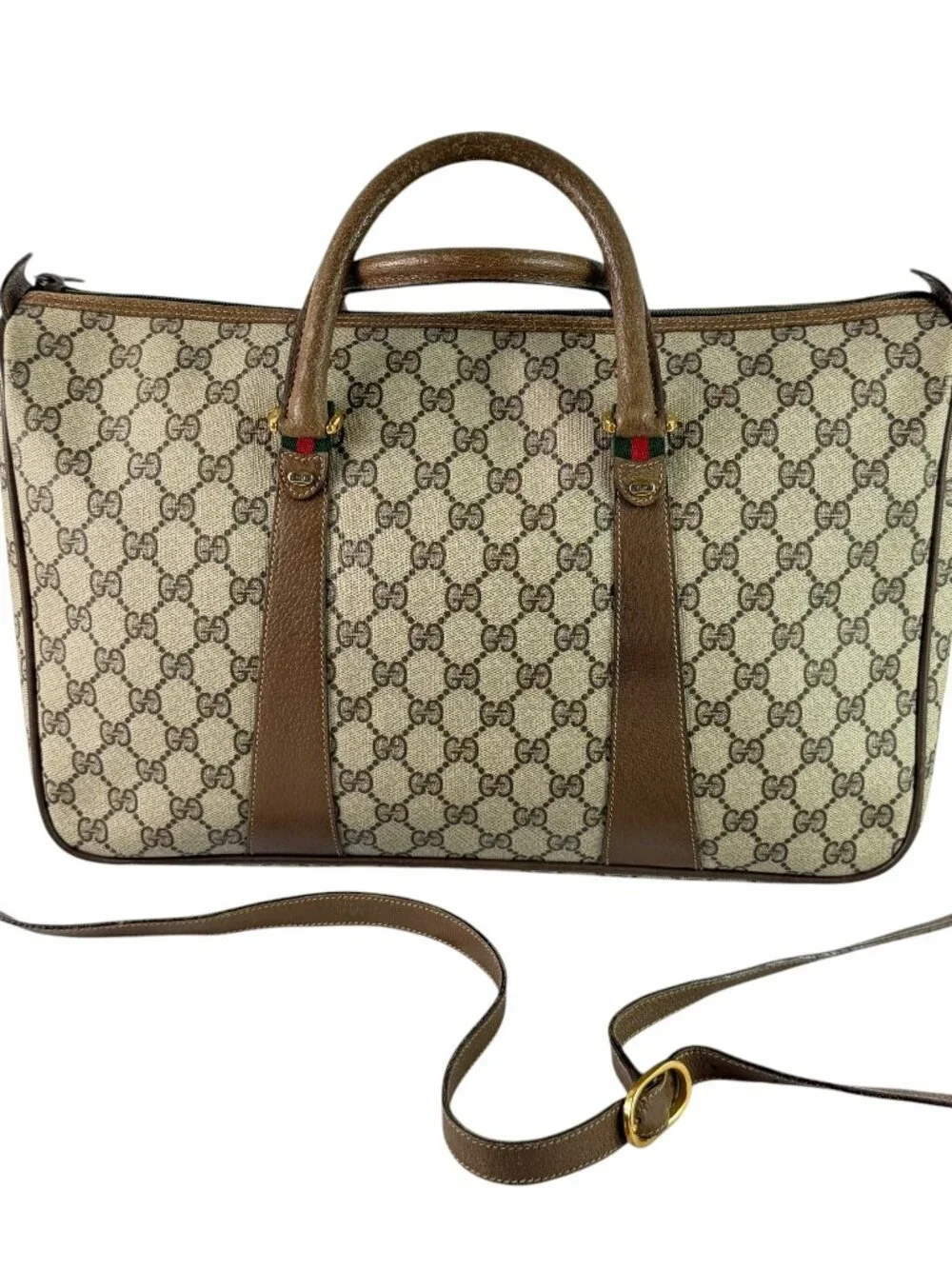 GUCCI Beige Canvas GG Monogram Web Accent Supreme Boston Bag Made in Italy